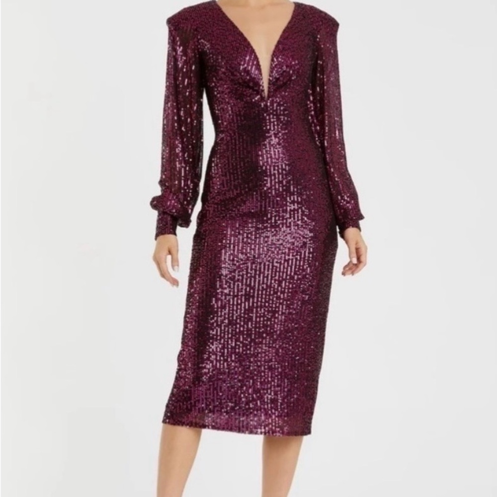Mac Duggal Plum Sequin Deep V Long Sleeve Midi Dress
